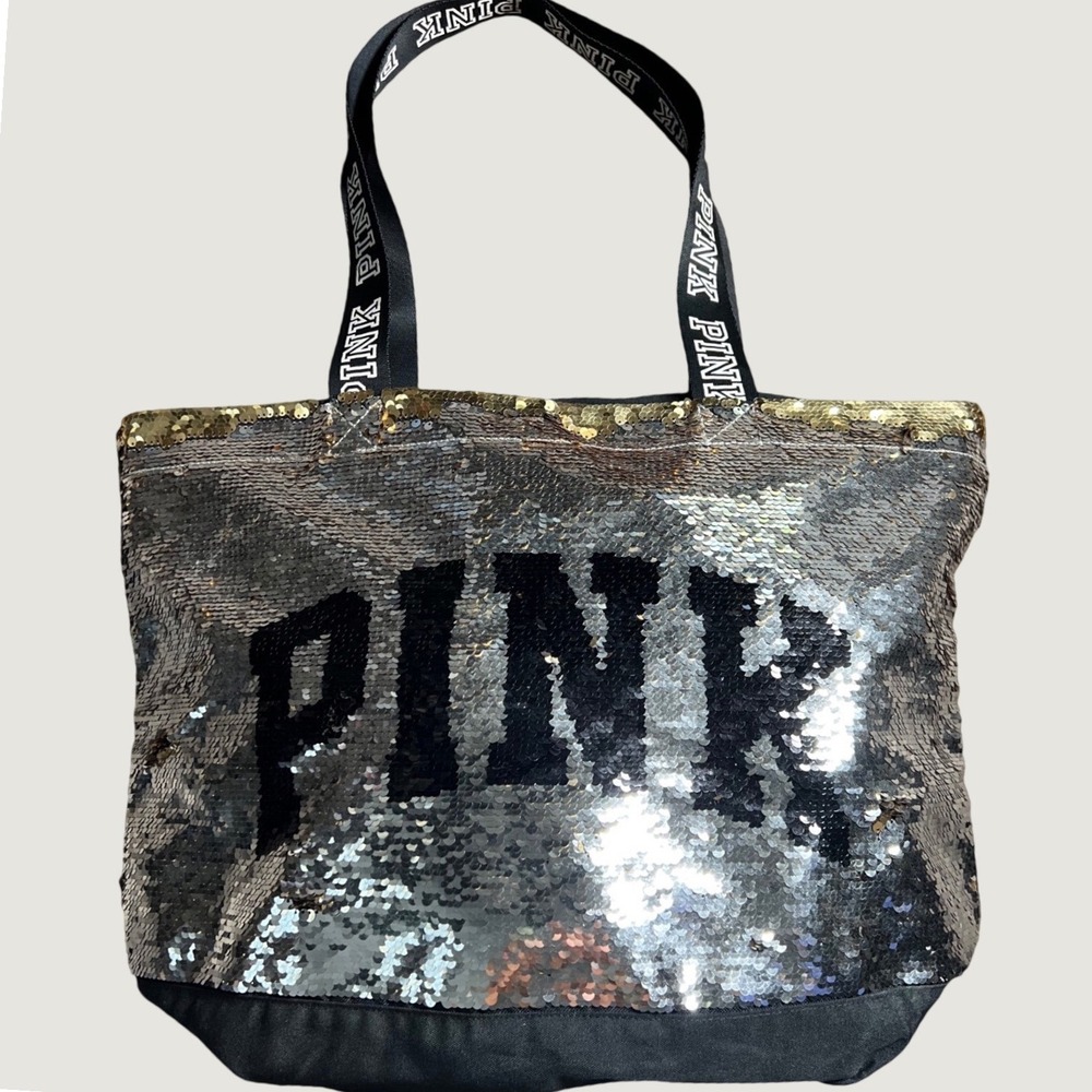 Victorias Secret PINK Sequin Tote Bag Silver Gold Reversible Logo Zipper Black